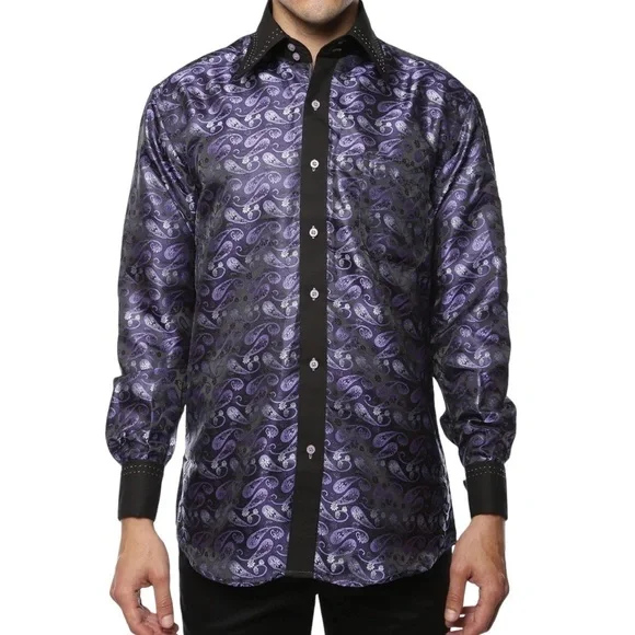 FERRECCI Men’s Satine Hi-1013 Purple & Black Flower Button Down Dress Sh… - Picture 1 of 12